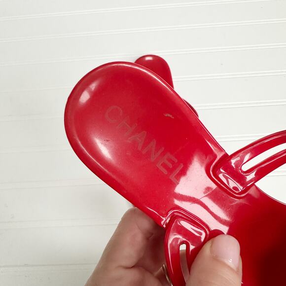 Chanel Red Camellia Flower PVC Thong Sandals Jelly Flip Flops 38 - Picture 4 of 7